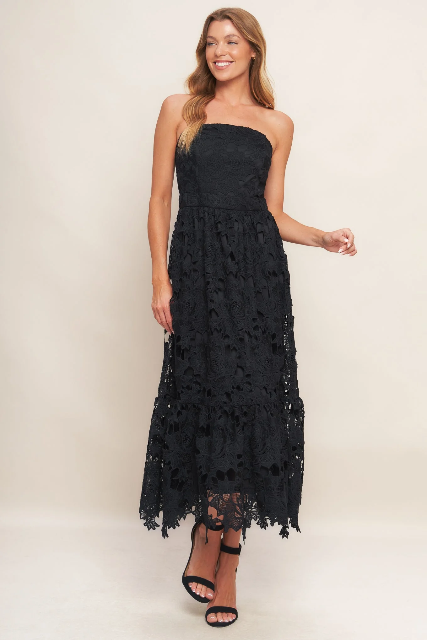 CAREFREE NIGHTS LACE MIDI DRESS - BLACK - FINAL SALE