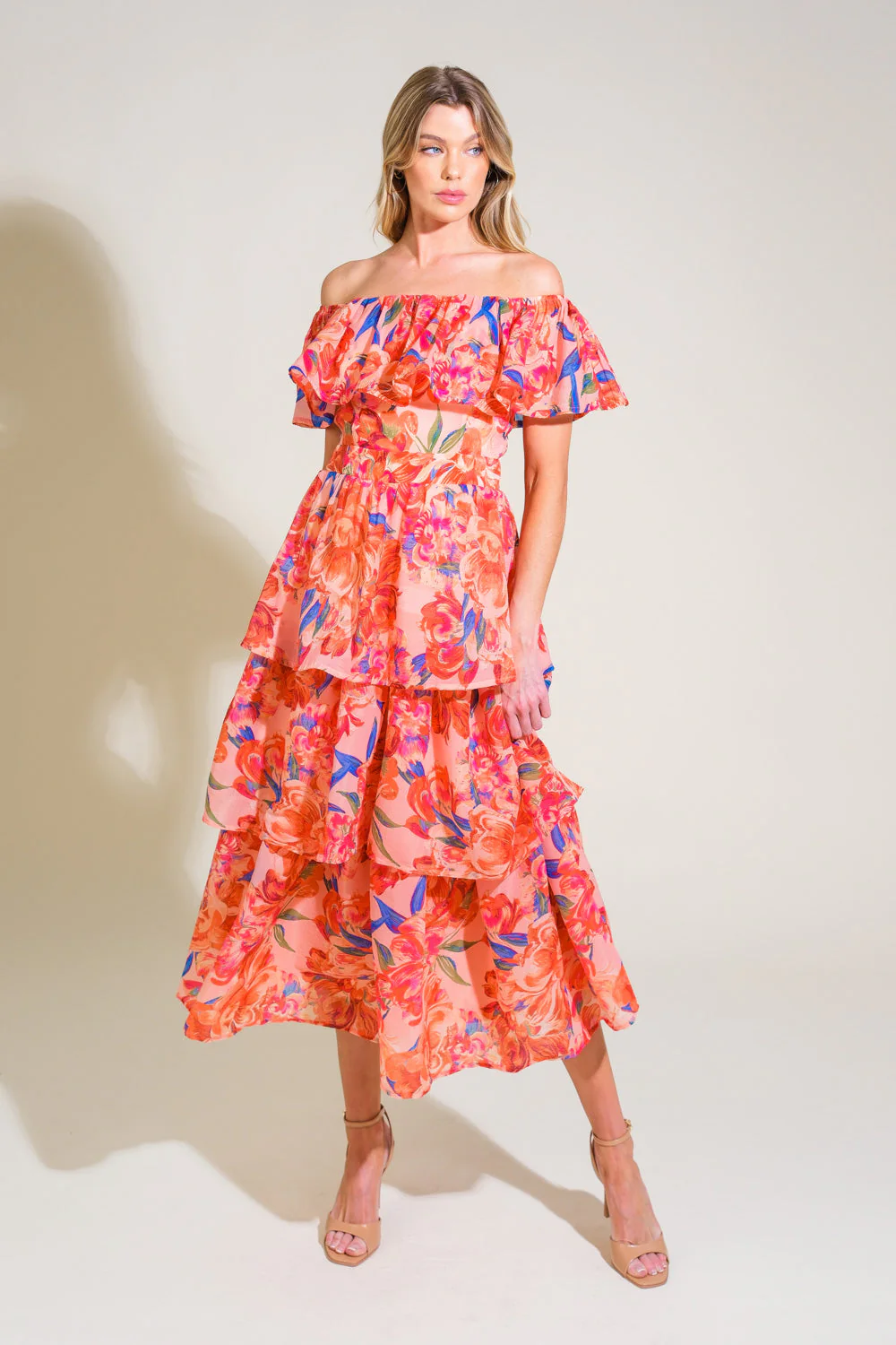 STROLL THE AVENUES MIDI DRESS - PEACH - FINAL SALE