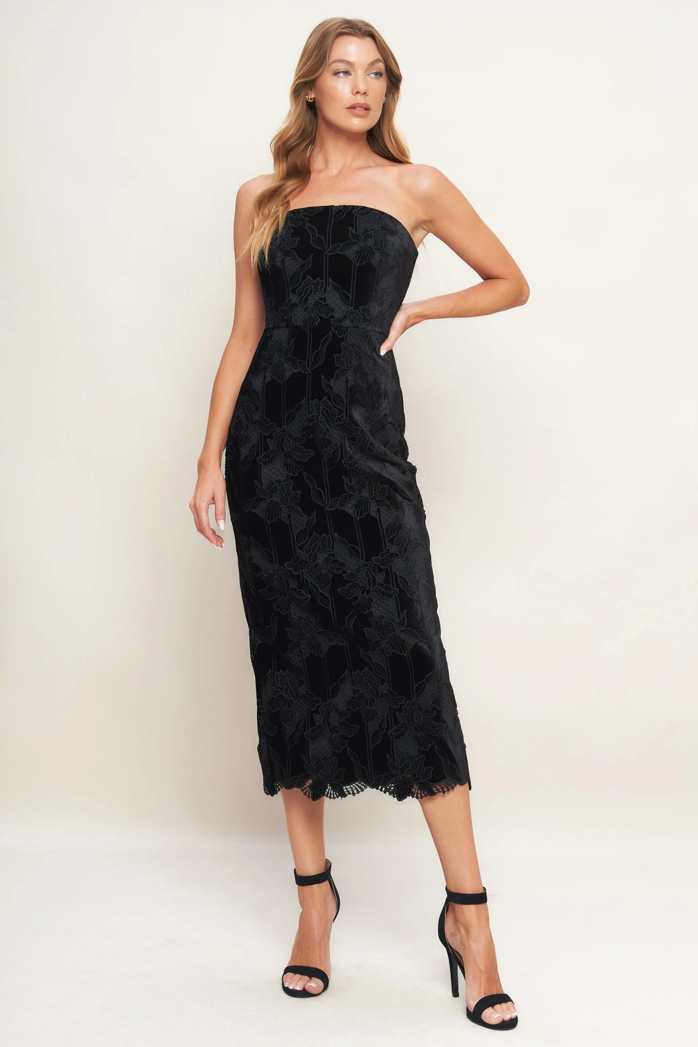 TEMPTATION BLACK VELVET LACE MIDI DRESS - FINAL SALE